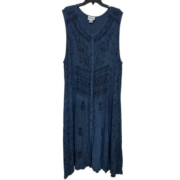 Vintage Expressions Blue Embroidered Rayon Maxi Dress Duster 3X Boho Festival - Picture 1 of 10